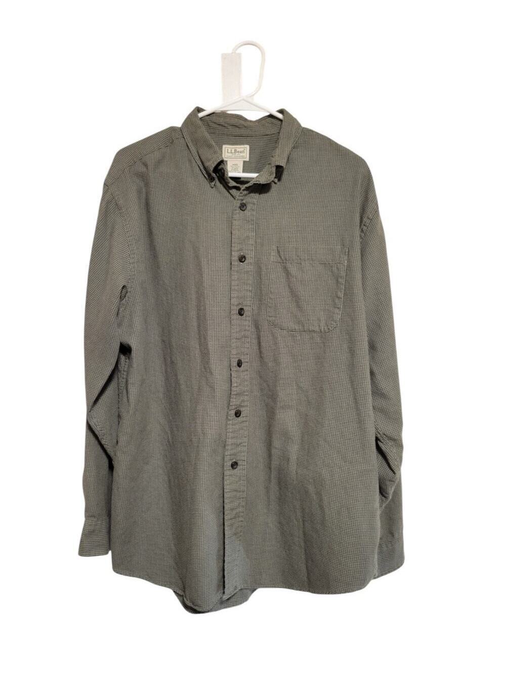 LL Bean Houndstooth Flannel Button Down Shirt Green/Black Wool Cotton Men's L